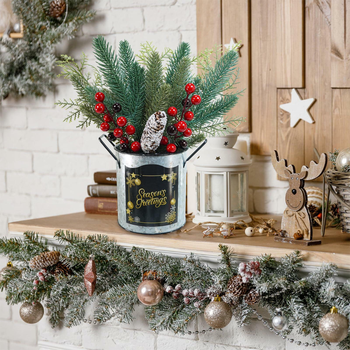 Winlyn Christmas Floral Arrangement Pinecone Red Berry Galvanized Pot 12.4"