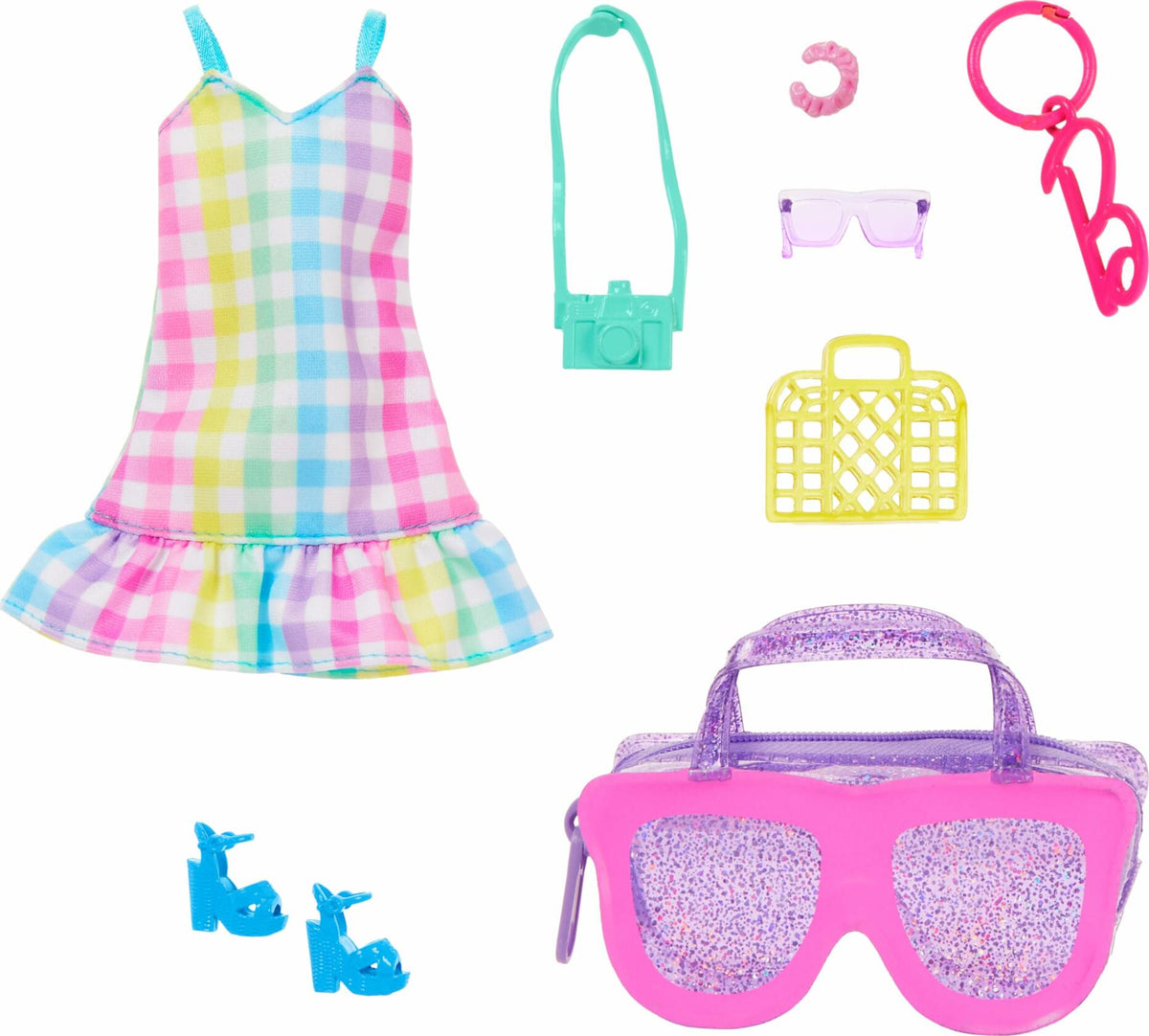 Barbie Deluxe Sunglasses Bag & Multicolor Gingham Dress Fashion Doll Clothes