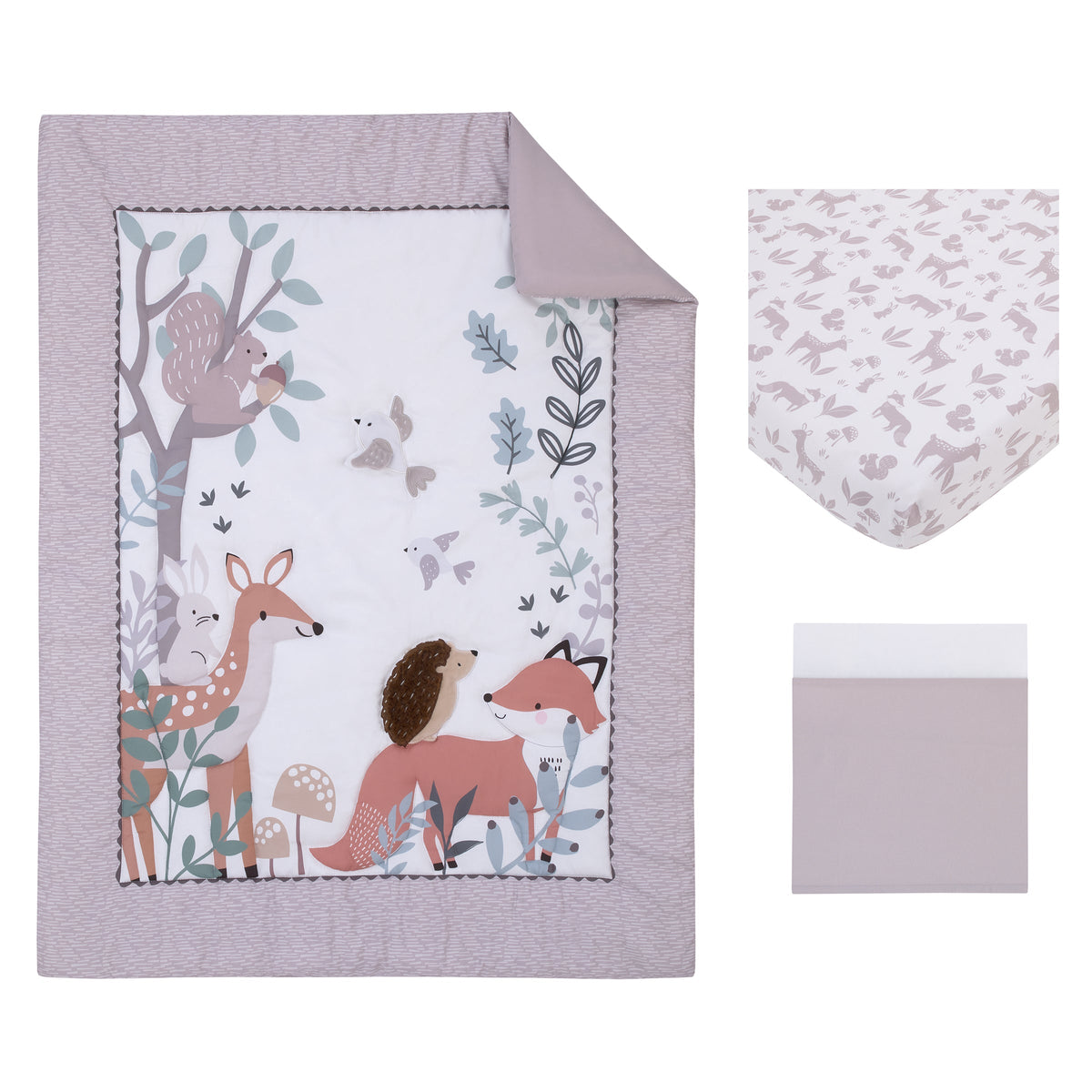 Little Love by NoJo Woodland Meadow Taupe, Sage, and White Deer, Fox, and Hedgehog 3 Piece Nursery Crib Bedding Set - Comforter, Fitted Crib Sheet and Crib Skirt