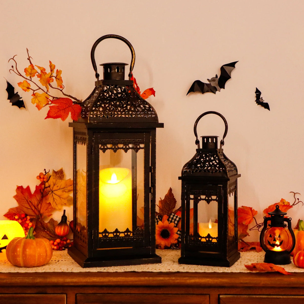 Set of 2 13''&19.5''H Candle Lanterns (Black Gold Brush)