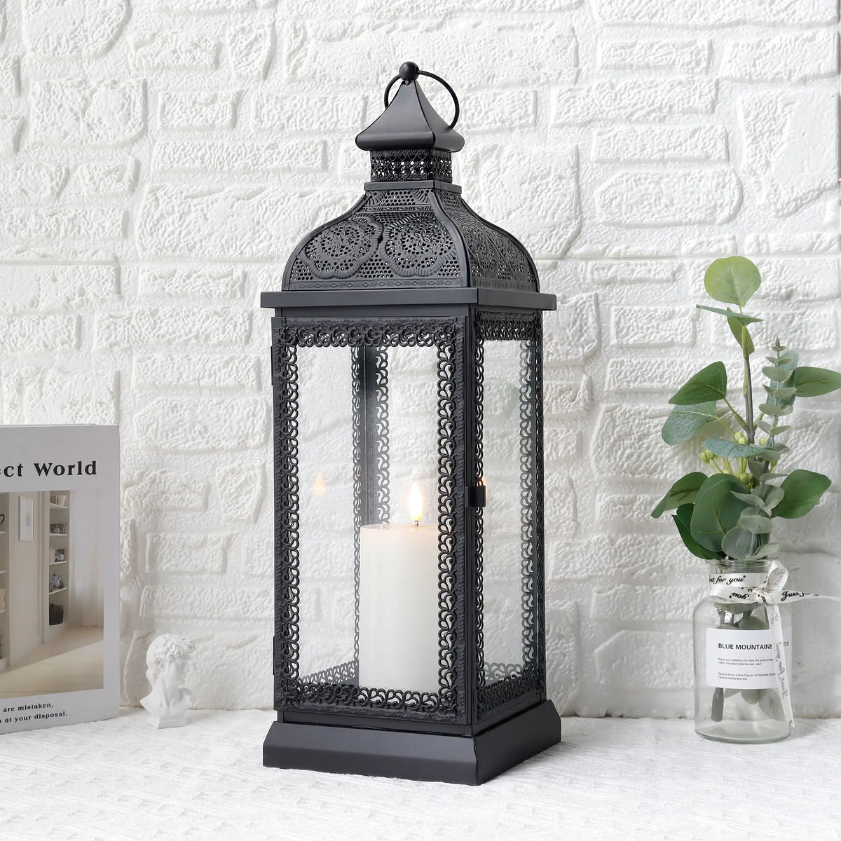 19" High Rustic Metal Candle Lantern (Black)