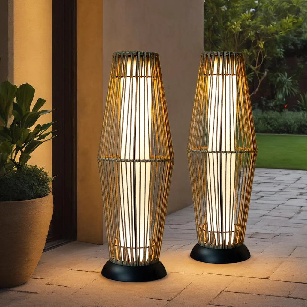Outdoor Floor Lamp 2 Piece Solar Powered Lantern Wicker Solar Patio Lamp