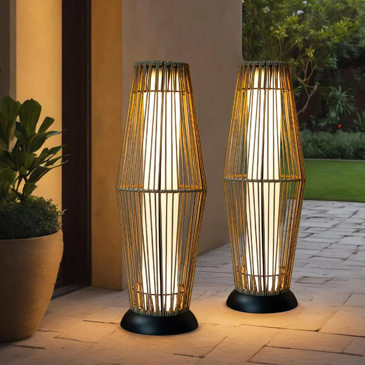 Outdoor Floor Lamp 2 Piece Solar Powered Lantern Wicker Solar Patio Lamp