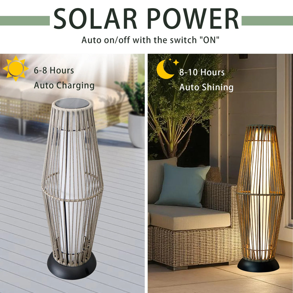 Outdoor Floor Lamp 2 Piece Solar Powered Lantern Wicker Solar Patio Lamp