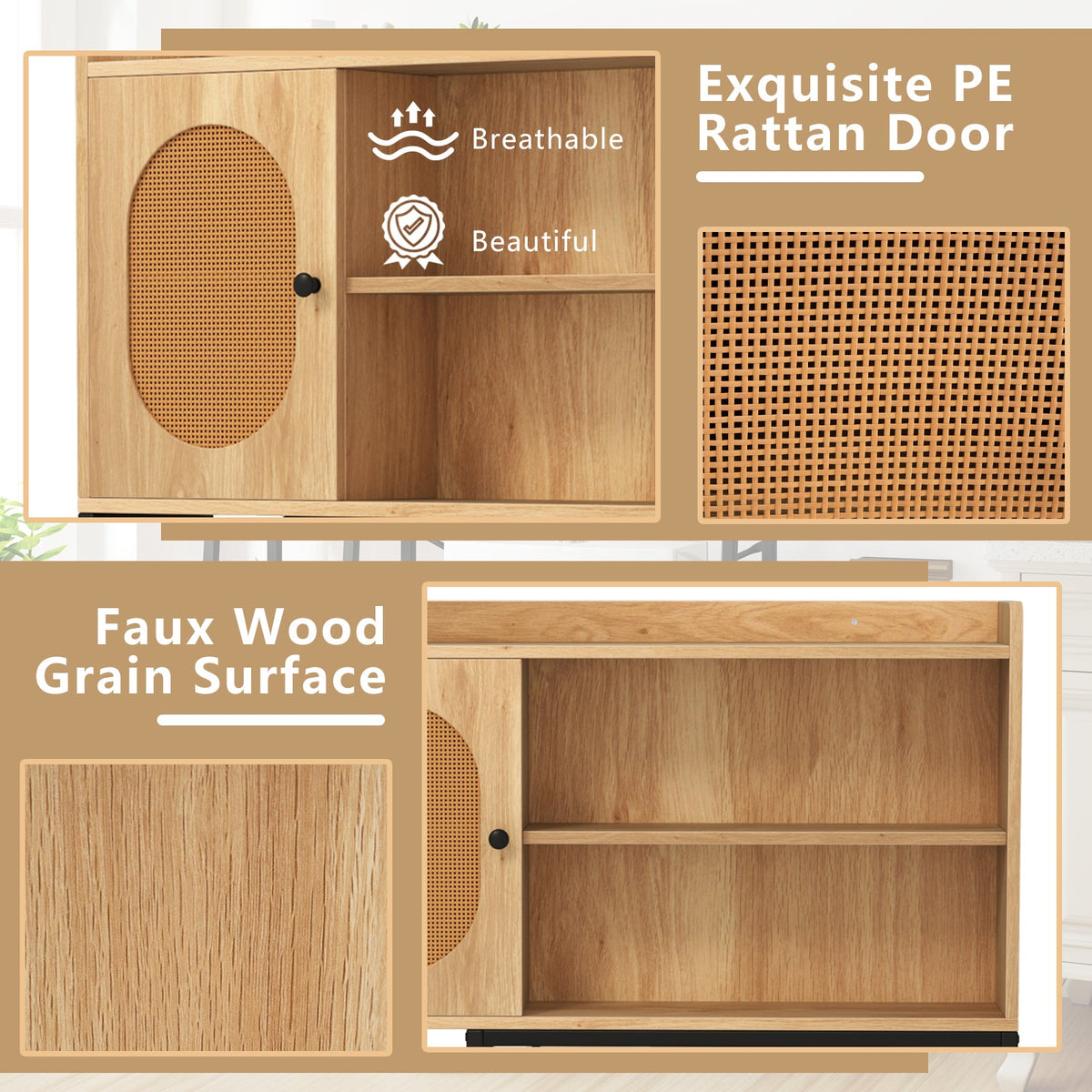 Over The Toilet Storage Cabinet with PE Rattan Door and Open Storage Shelves-Natural