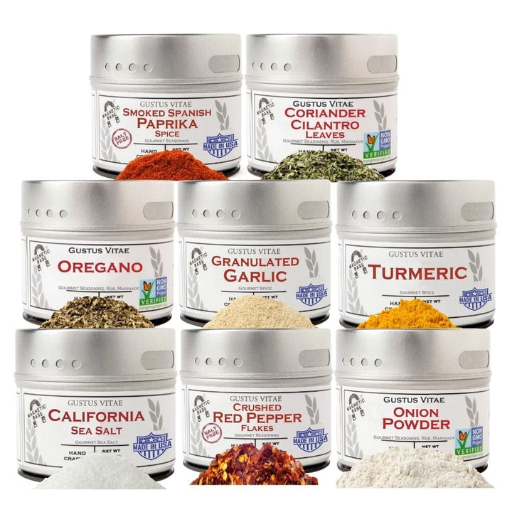 Pantry Starter Kit | Essential Spices, Seasonings, Salts | 8 Magnetic Tins | Gustus Vitae