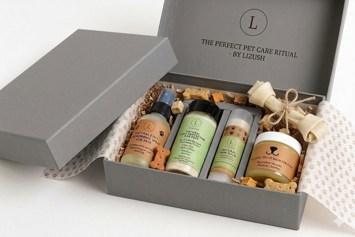 Natural Pet Pampering Gift Box – Dog & Cat Spa Care Set, pet pampering gift box for dog and cat lovers from Cedar & Spice Gifts