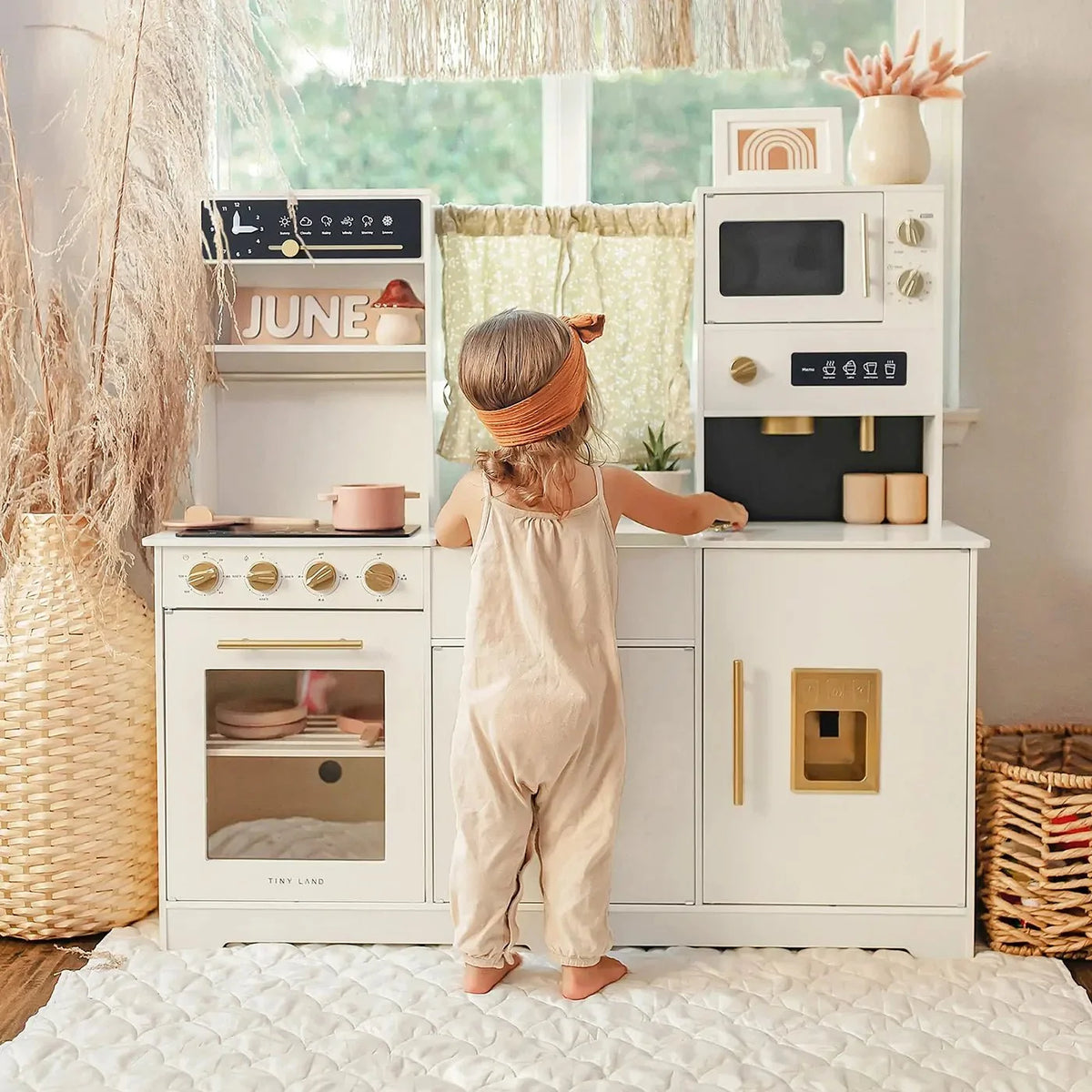 Tiny Land® Iconic Wooden Play Kitchen – Cream Pretend Cooking Set for Kids