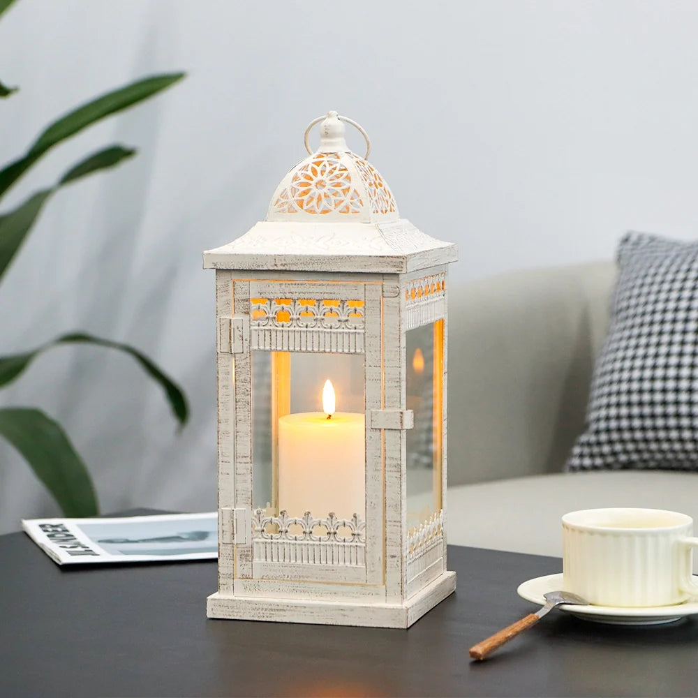 14.5" H Decorative Candle Lanterns（Beige with Gold Brush）