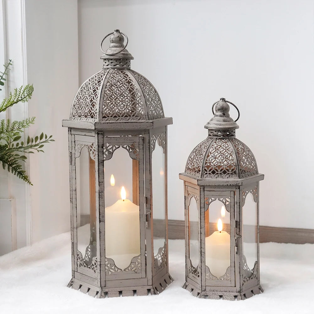 Set of 2-22"&17"H Vintage Metal Candle Lanterns(Grey with Black Brush)