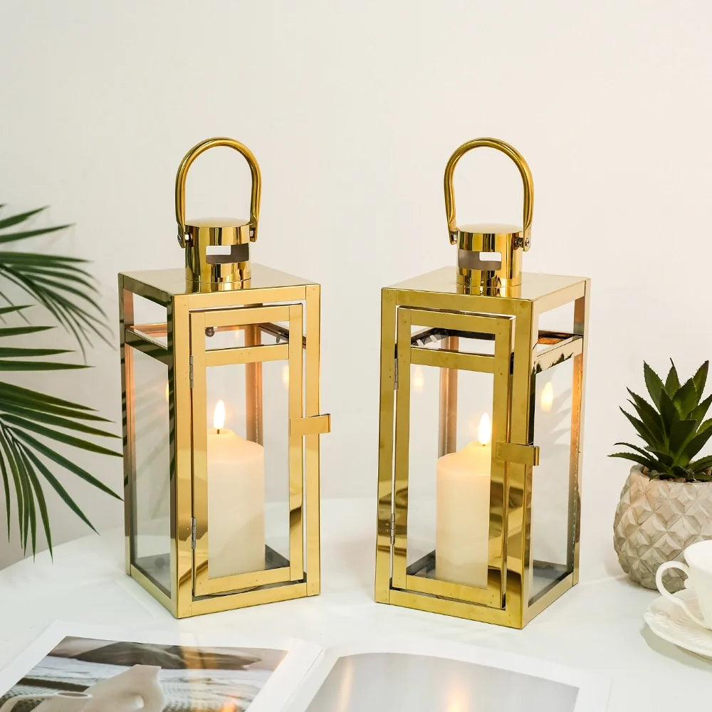 12'' High Metal Candle Holder Outdoor Candle Lantern with Tempered Panels