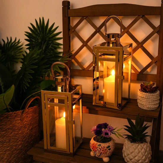12'' High Metal Candle Holder Outdoor Candle Lantern with Tempered Panels