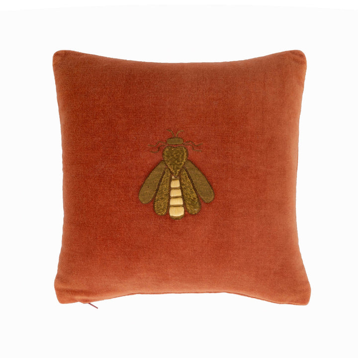 Terracotta Silk Velvet Bee Throw Pillow Cover, 12 x 12, luxury bee decor for sofa or bed at Cedar & Spice Gifts