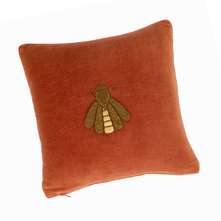 Terracotta Silk Velvet Bee Throw Pillow Cover, 12 x 12, decorative bee accent for living room