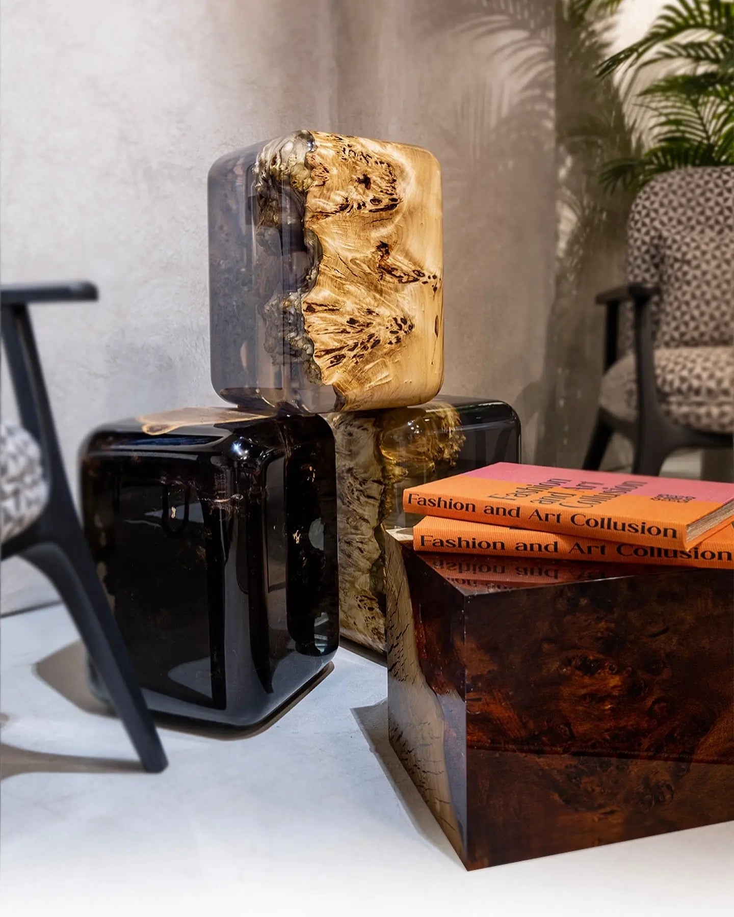 Resin Cube Side Table, Epoxy Wood Stool, Cube Accent Table
