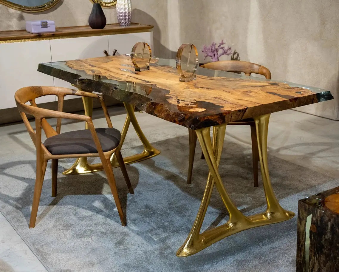 Natural Epoxy Side Dining Table Made Of Linden Wood | Aluminum Legs Featured