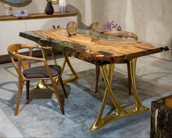 Natural Epoxy Side Dining Table Made Of Linden Wood | Aluminum Legs Featured