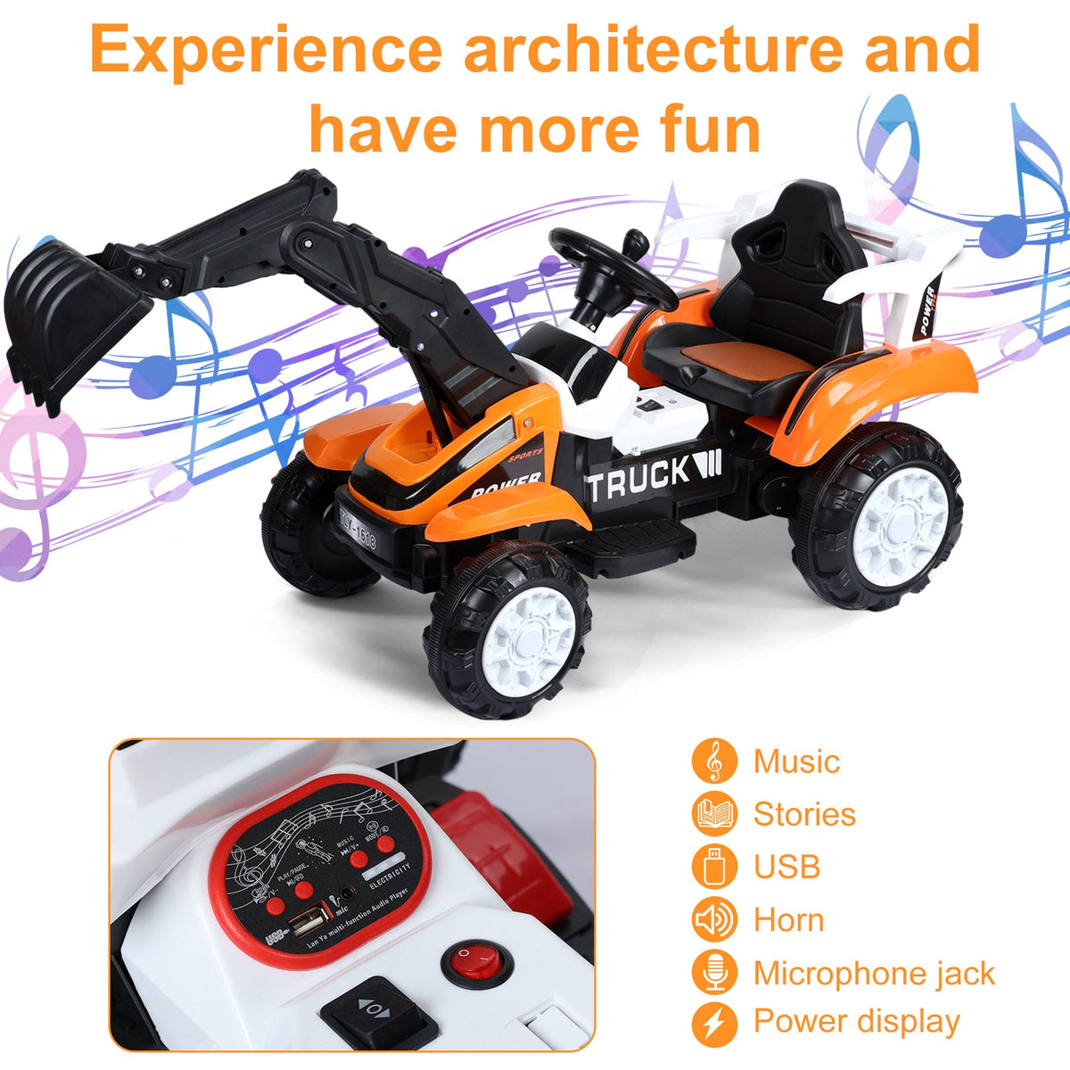 Electric Ride-On Excavator Digger with Motorized Arm and Music Sounds Construction Vehicle