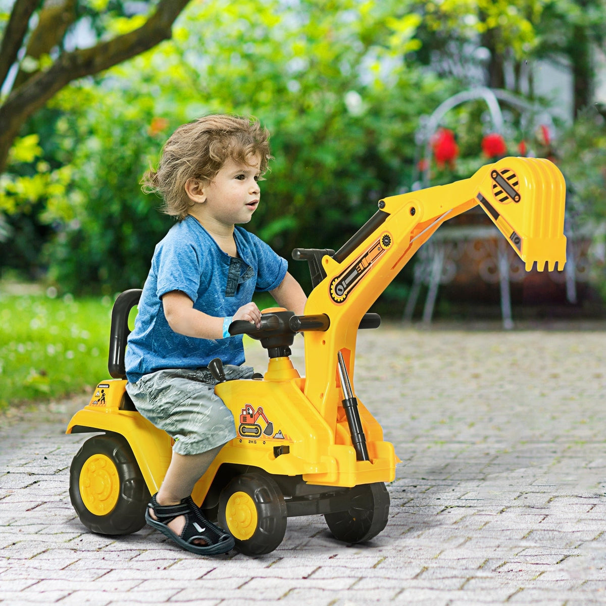 Kids Ride-On Excavator Truck with Pull Cart, Horn, and Under-Seat Storage