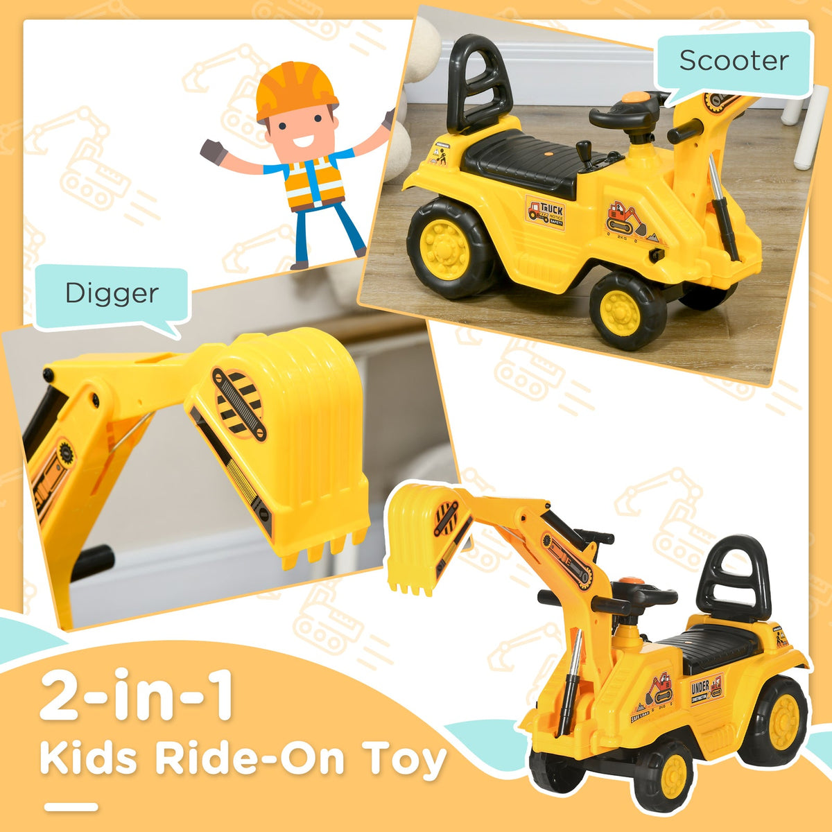 Kids Ride-On Excavator Truck with Pull Cart, Horn, and Under-Seat Storage