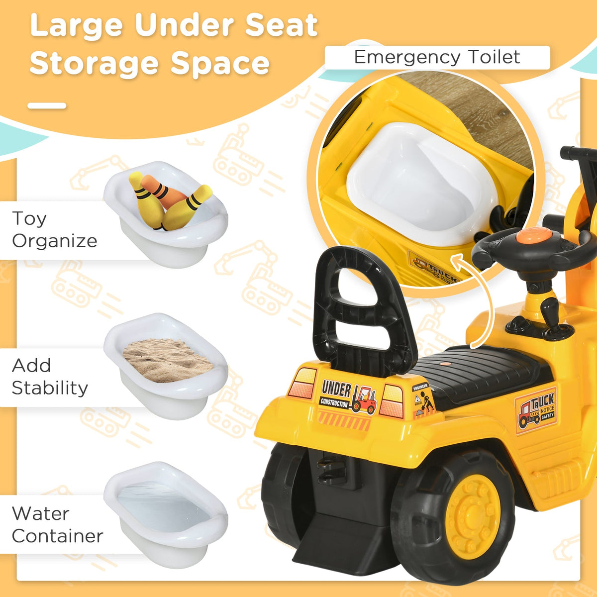 Kids Ride-On Excavator Truck with Pull Cart, Horn, and Under-Seat Storage