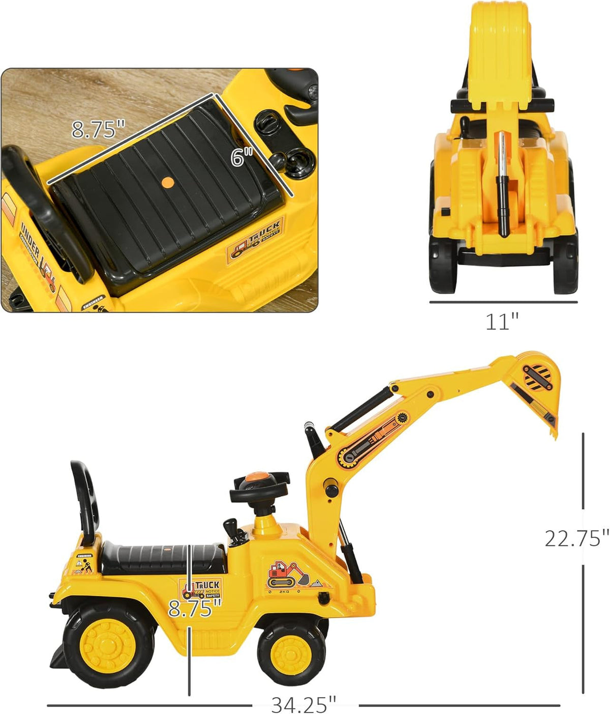 Kids Ride-On Excavator Truck with Pull Cart, Horn, and Under-Seat Storage