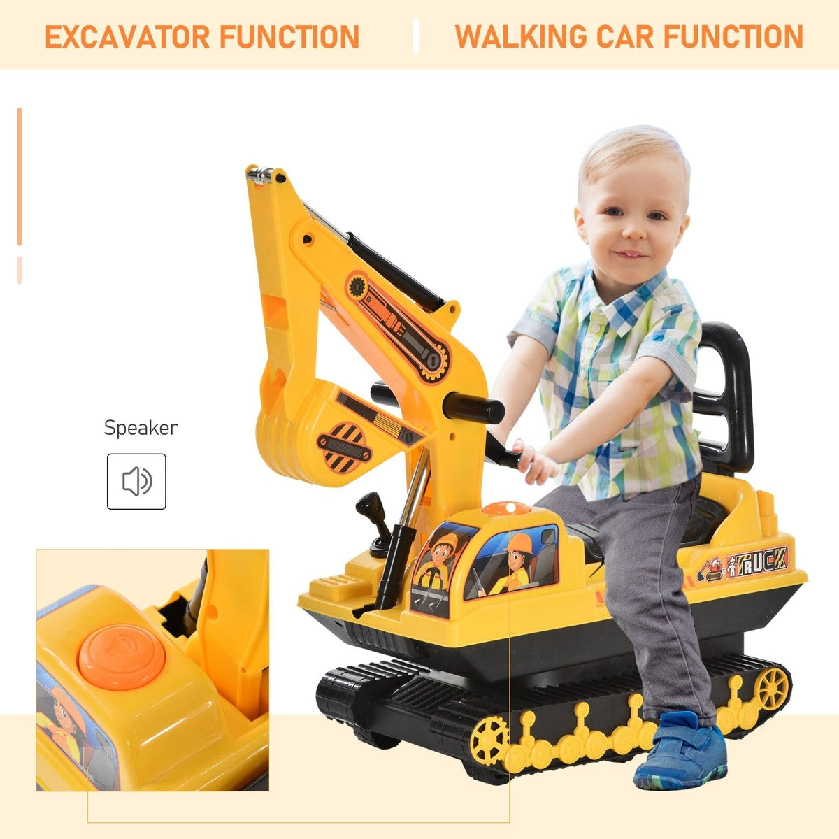 Ride-On Movable Excavator and Tractor Toy Scooter Walker for Pretend Play