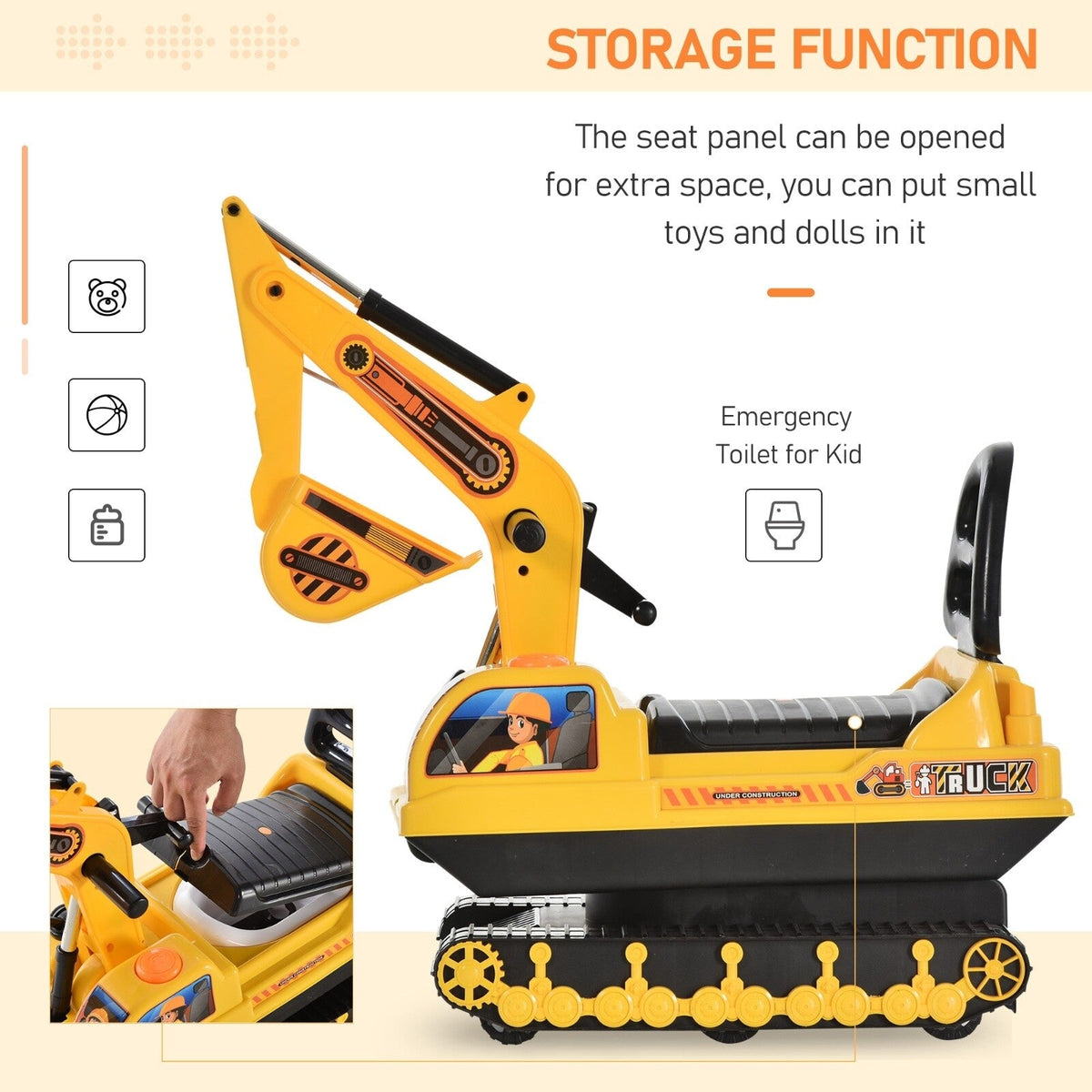 Ride-On Movable Excavator and Tractor Toy Scooter Walker for Pretend Play