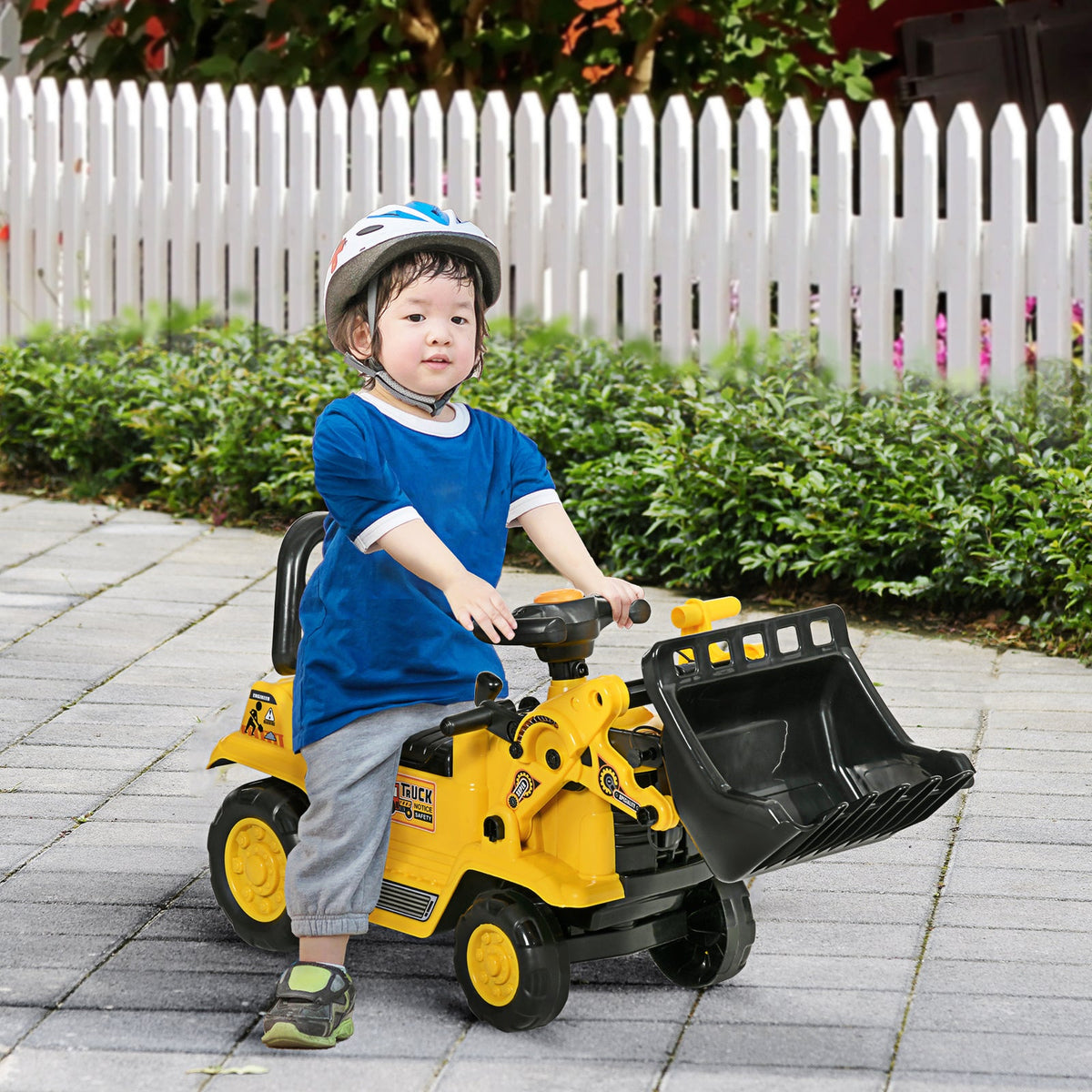 Kids Ride-On Excavator Bulldozer with Under-Seat Storage and Pull Cart