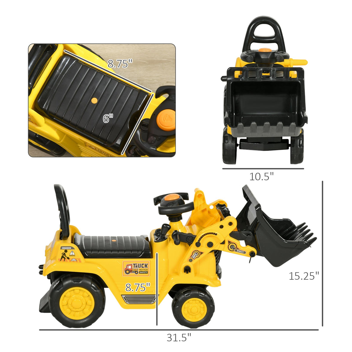 Kids Ride-On Excavator Bulldozer with Under-Seat Storage and Pull Cart