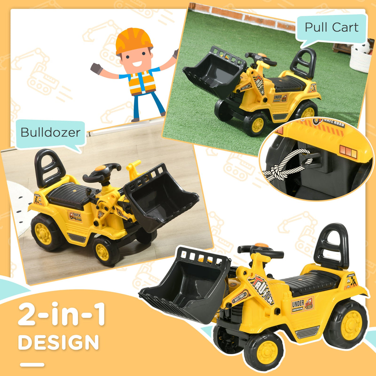 Kids Ride-On Excavator Bulldozer with Under-Seat Storage and Pull Cart
