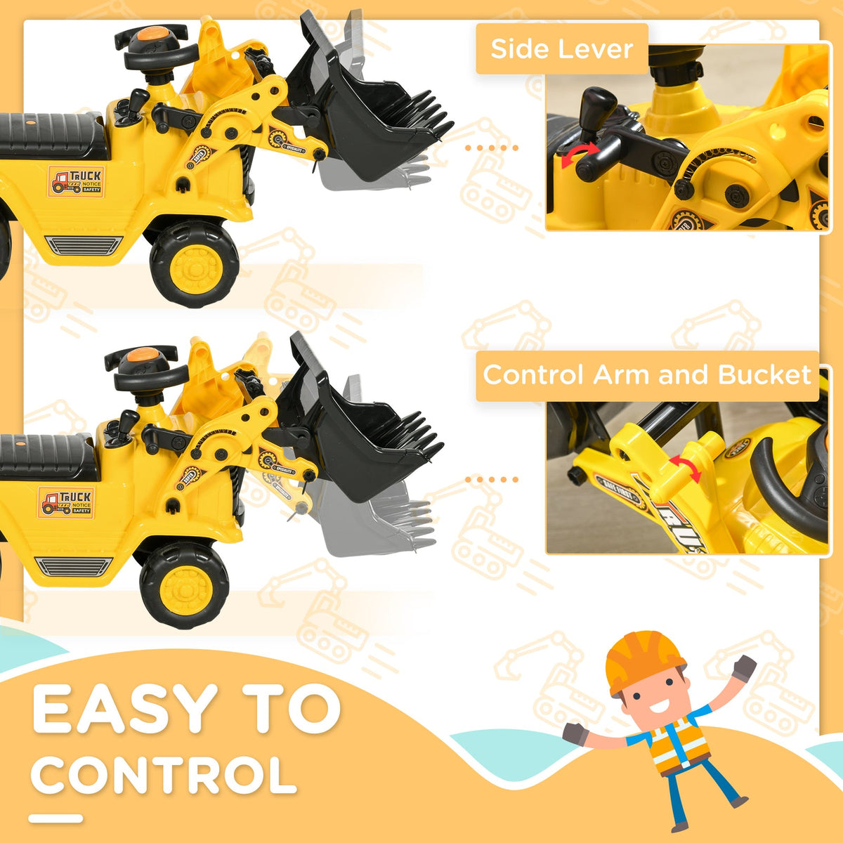 Kids Ride-On Excavator Bulldozer with Under-Seat Storage and Pull Cart