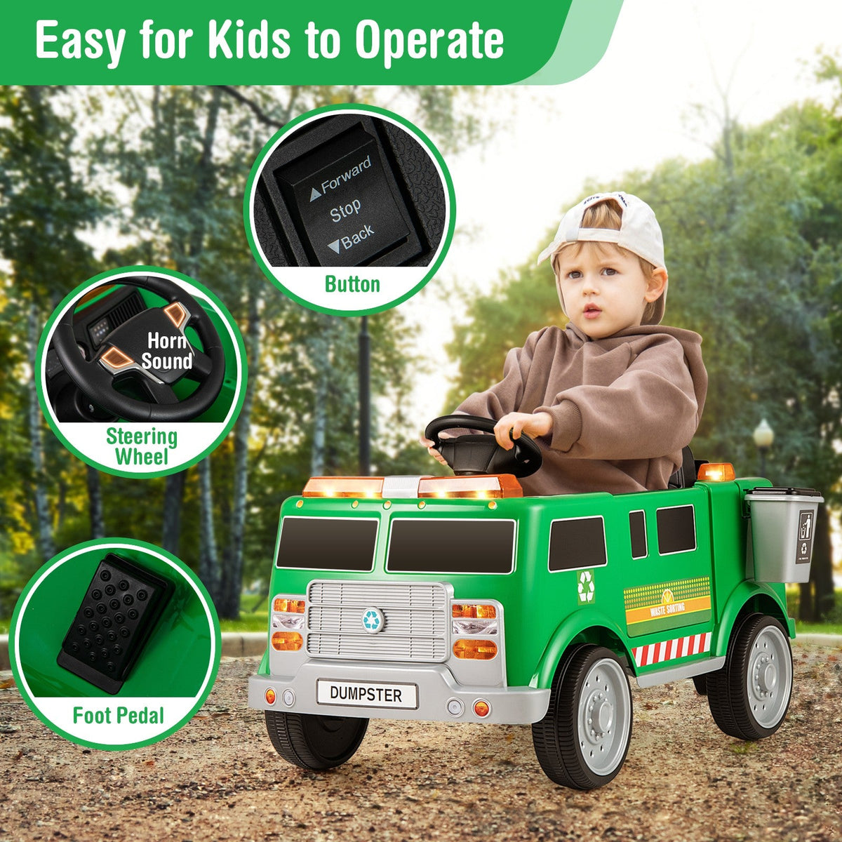 Ride-On Garbage Truck with Remote Control, Trash Bin, Shovel, Lights, and Sound Effects