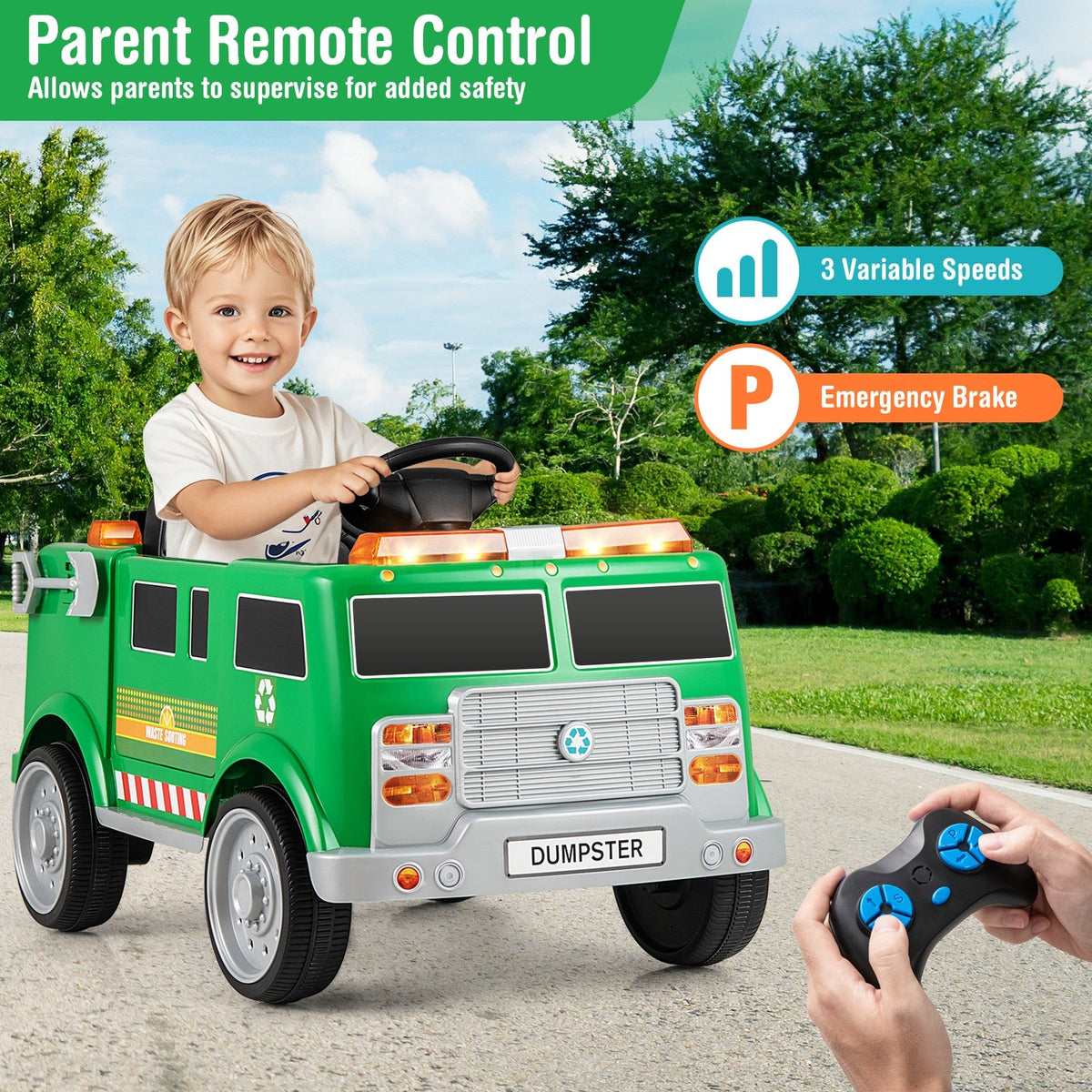Ride-On Garbage Truck with Remote Control, Trash Bin, Shovel, Lights, and Sound Effects