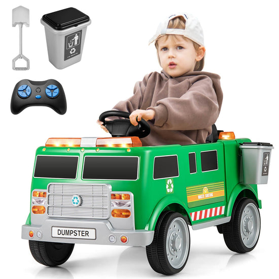 Remote Control Ride-On Garbage Truck with Trash Bin, Shovel, Lights, and Sound Effects