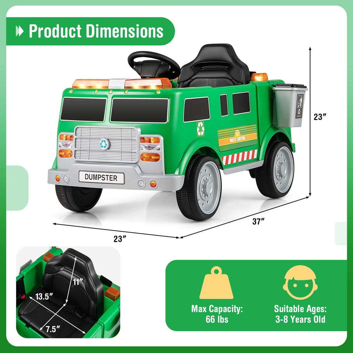 Remote Control Ride-On Garbage Truck with Trash Bin, Shovel, Lights, and Sound Effects