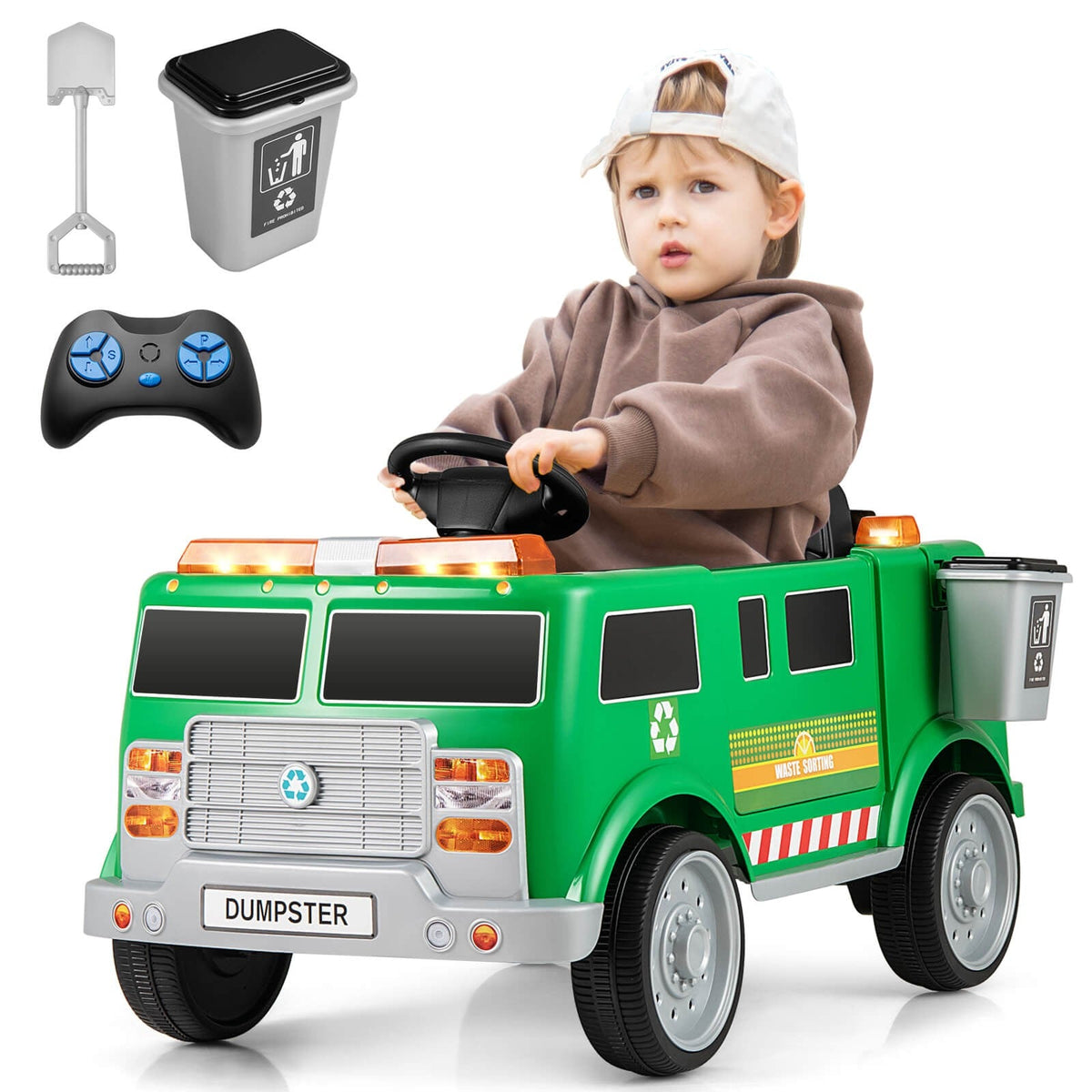 Remote Control Ride-On Garbage Truck with Trash Bin, Shovel, Lights, and Sound Effects