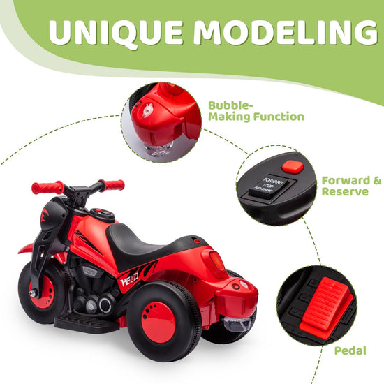 6V Red Ride-On Motorcycle and Bubble Car with Music