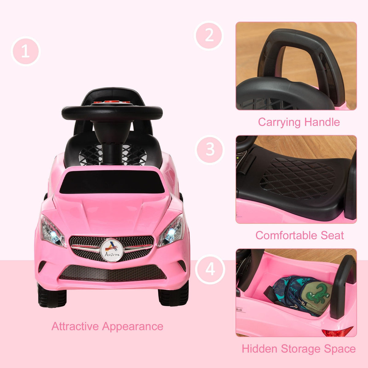 Ride-On Sliding Car with Horn, Music, Lights, and Storage – No Power Needed