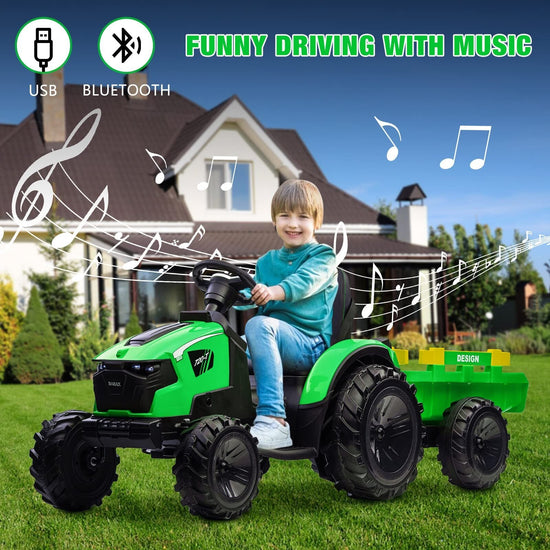 24V Electric Ride-On Tractor for Kids with Trailer, Excavator and Bulldozer Attachments
