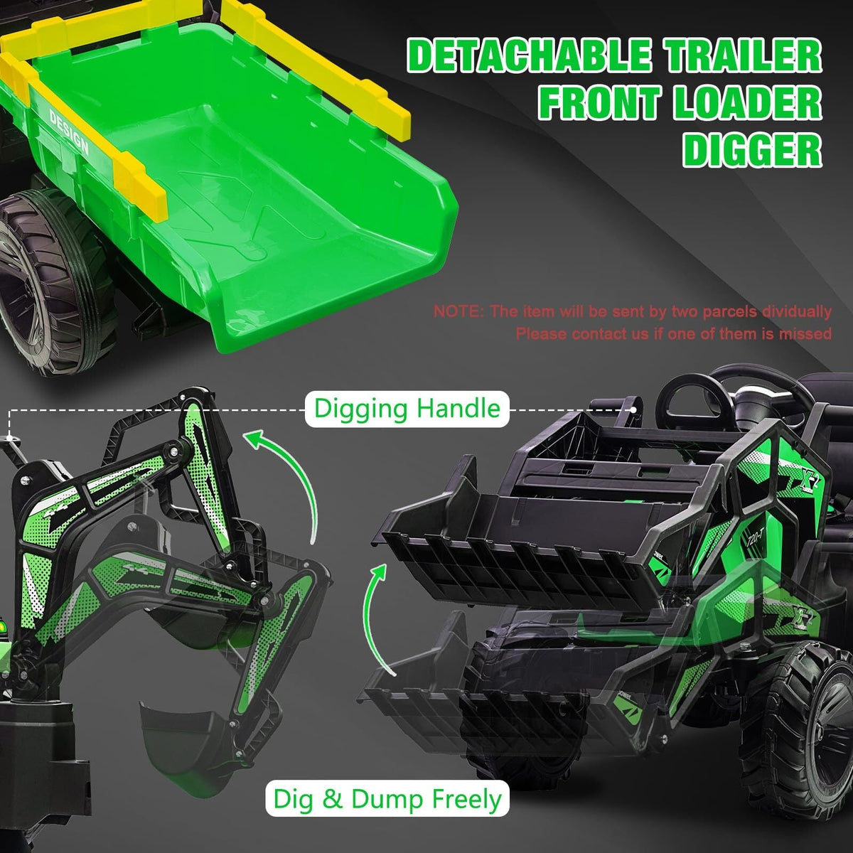 24V Electric Ride-On Tractor for Kids with Trailer, Excavator and Bulldozer Attachments
