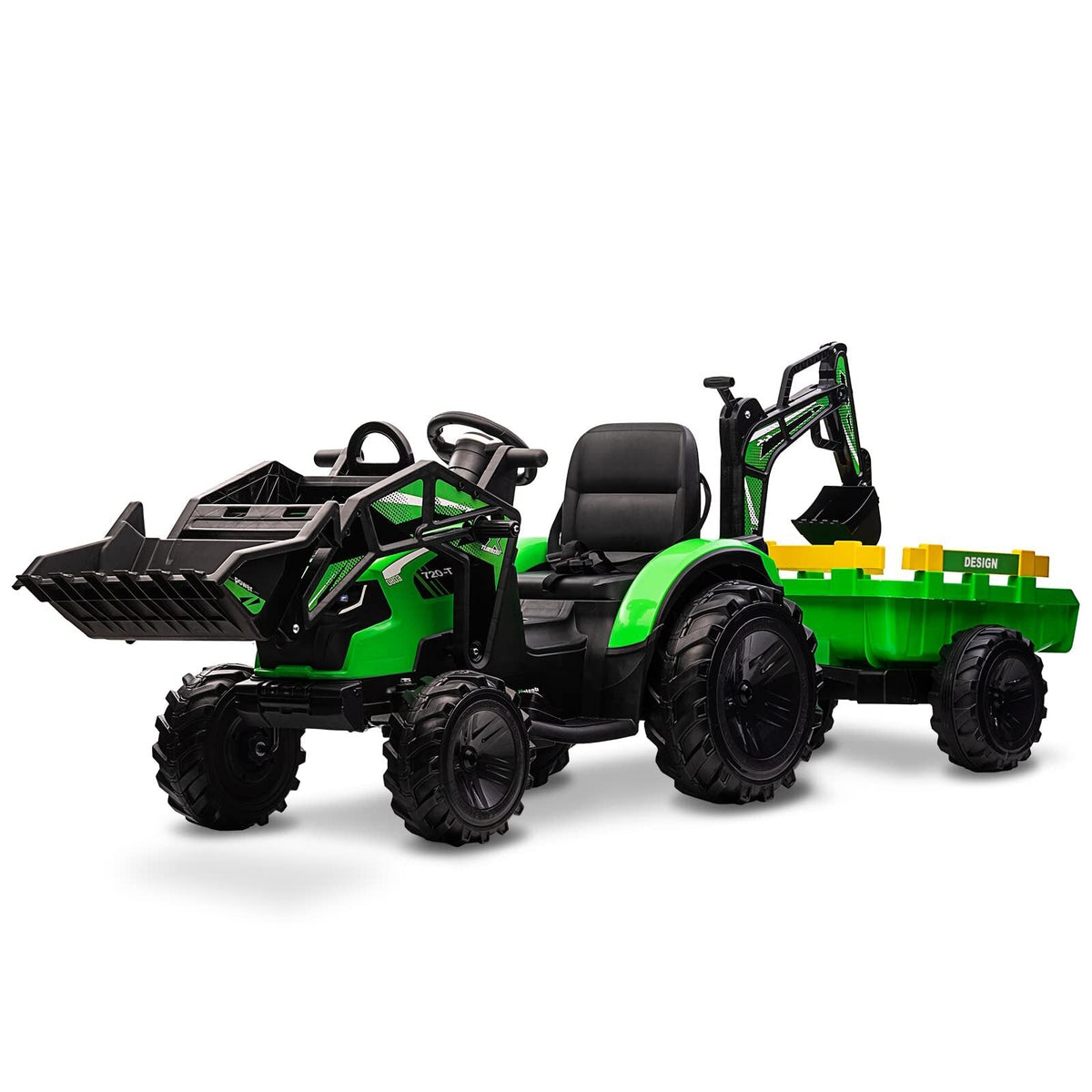 24V Electric Ride-On Tractor for Kids with Trailer, Excavator and Bulldozer Attachments