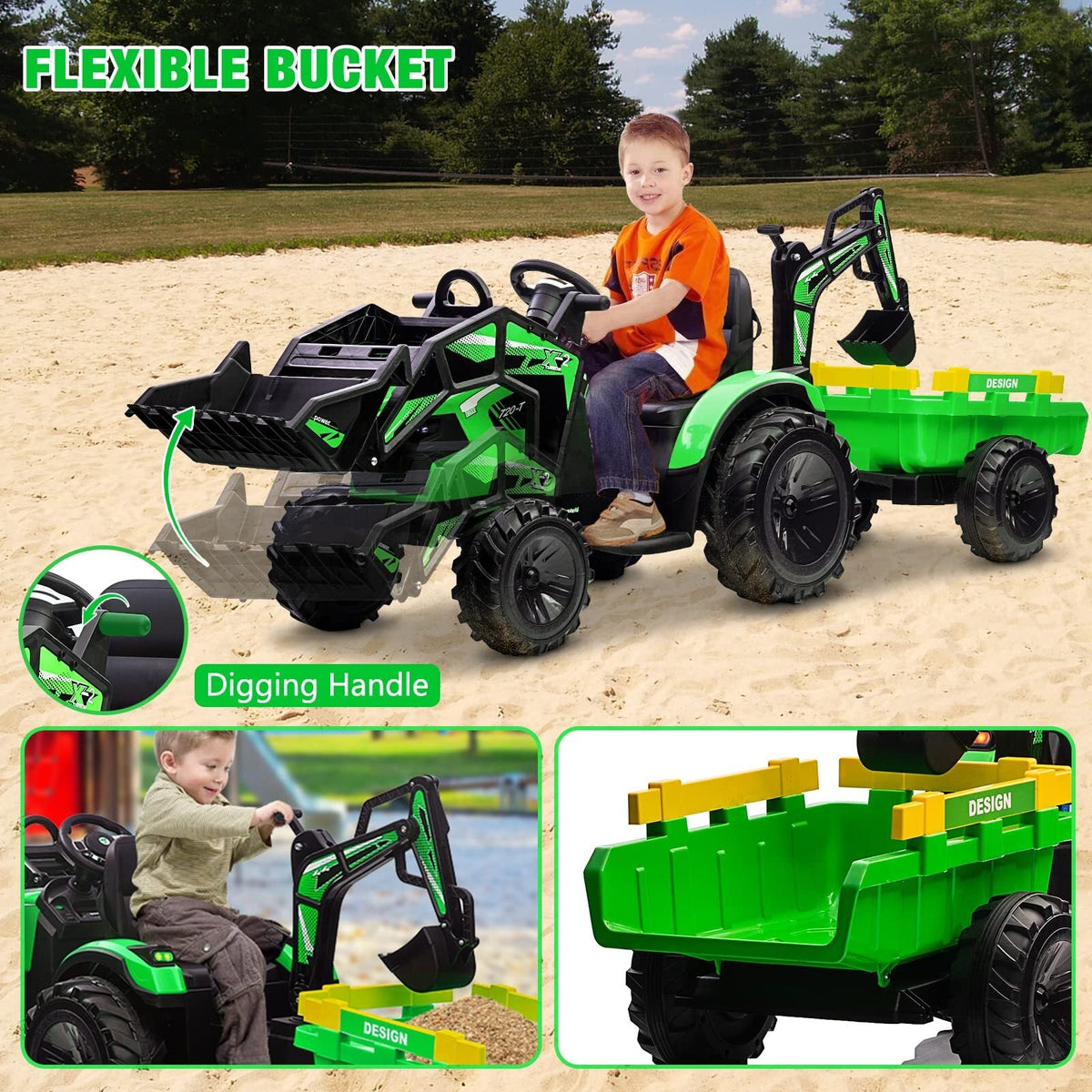 24V Electric Ride-On Tractor for Kids with Trailer, Excavator and Bulldozer Attachments