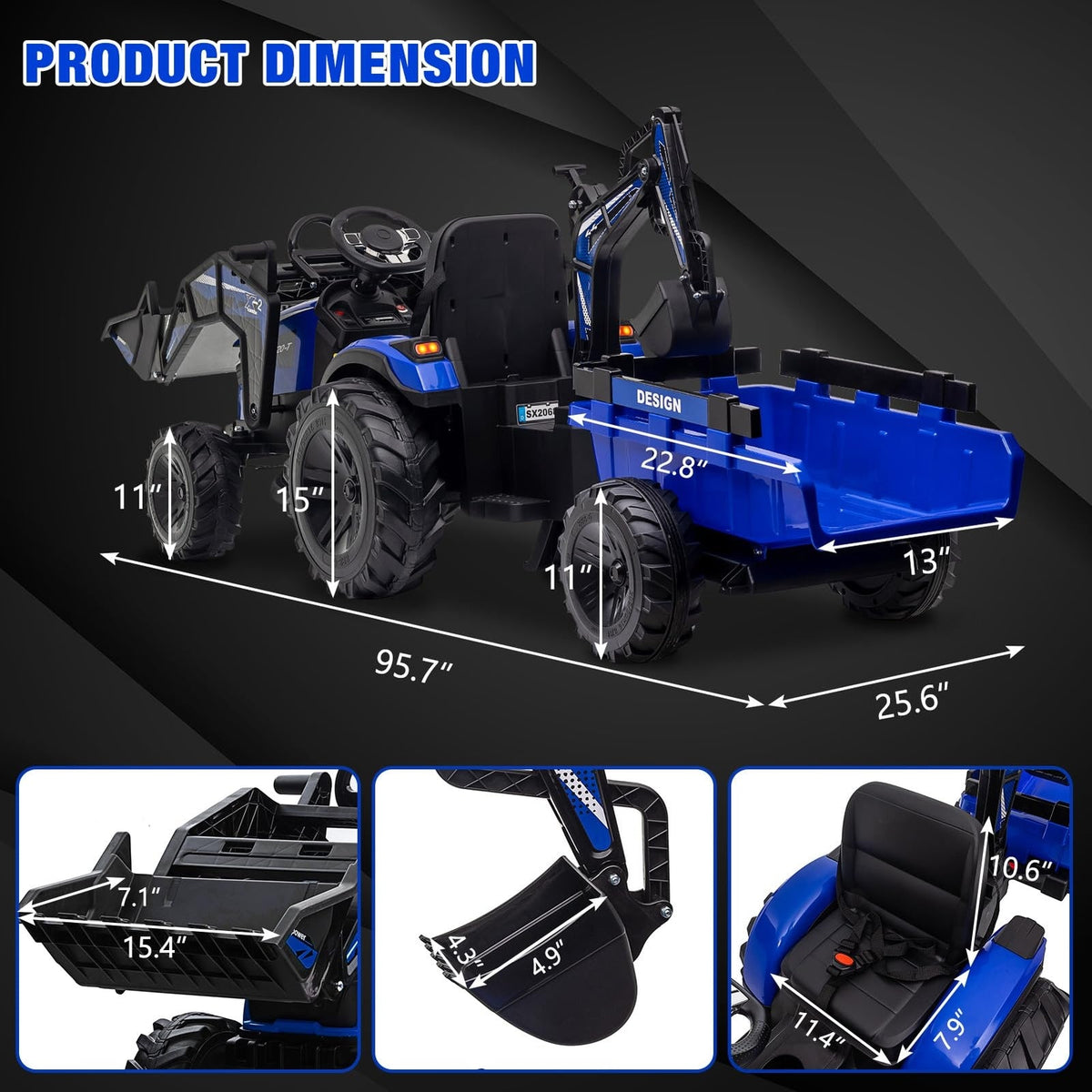 24V Electric Ride-On Tractor for Kids with Trailer, Excavator and Bulldozer Attachments