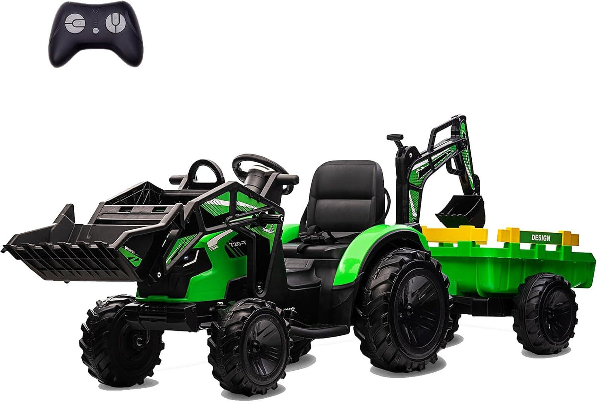 24V Electric Ride-On Tractor for Kids with Trailer, Excavator and Bulldozer Attachments