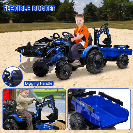 24V Electric Ride-On Tractor for Kids with Trailer, Excavator, and Bulldozer Attachments