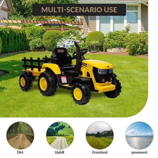 12V Electric Ride-On Tractor with Trailer for Kids, Battery Powered Vehicle