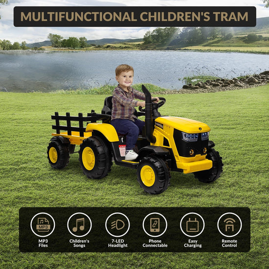 12V Electric Ride-On Tractor with Trailer for Kids, Battery Powered Vehicle