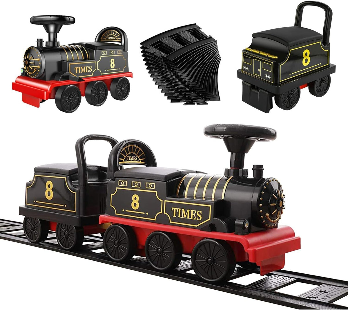 Electric Ride-On Train Set with Track, 2-Seater, Cargo Car, Music and Lights