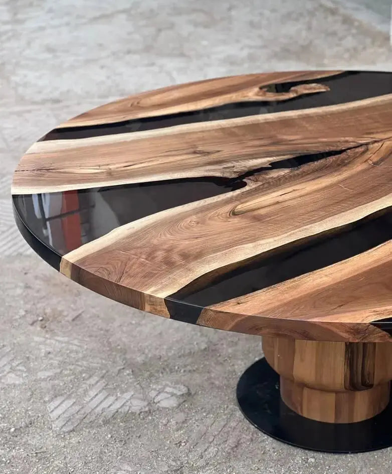 Round Epoxy Resin Table with Wooden Tulip Base Made of Walnut